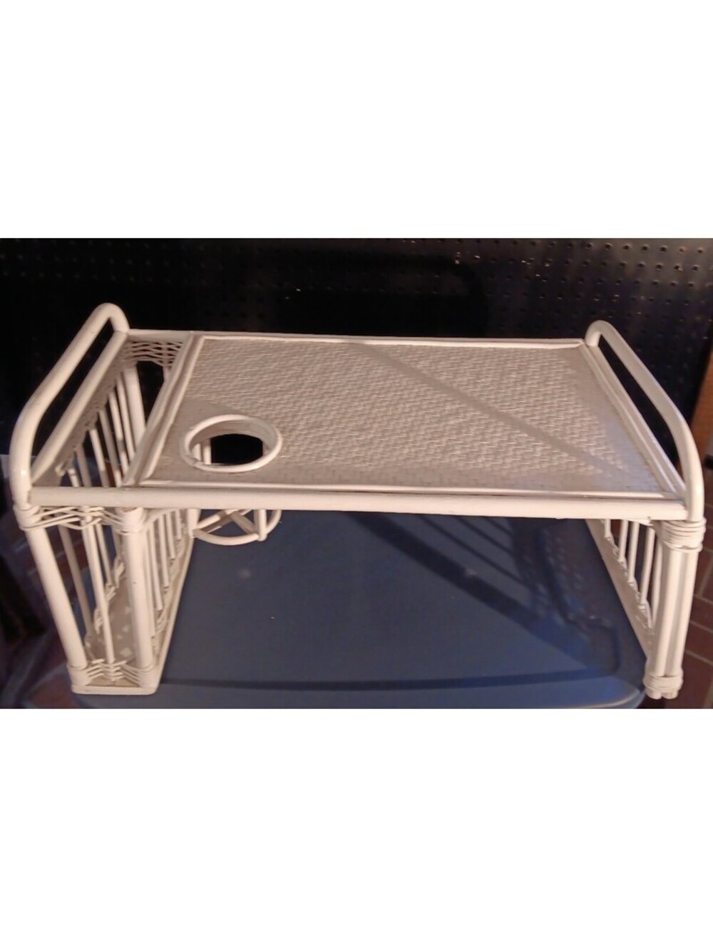 Vintage White Wicker Bed Tray with Magazine Rack, Cup Holder, and to Handles